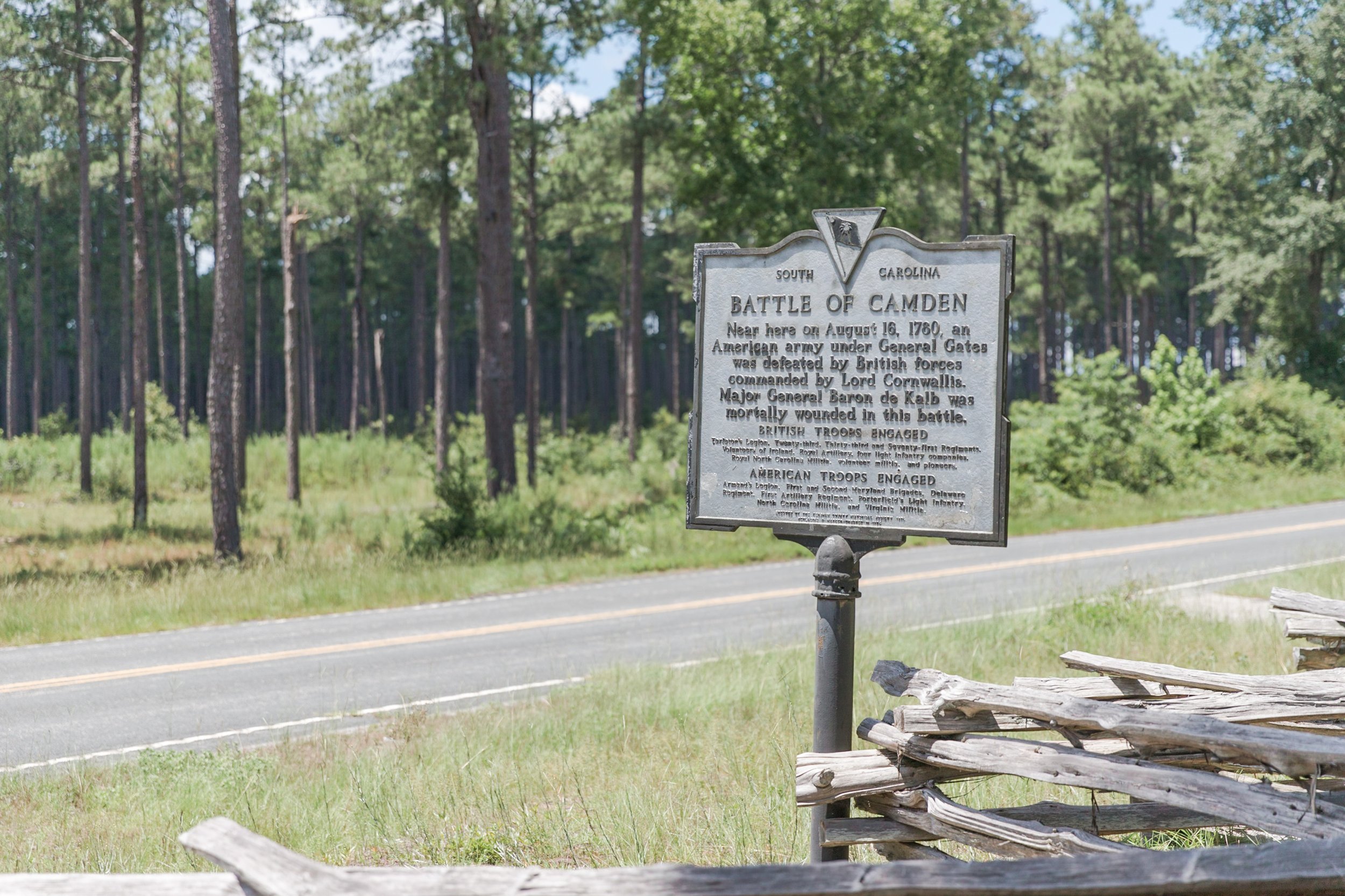 Battle of Camden park sign alongside the road in Kershaw county SC.