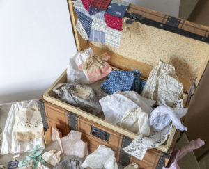 Antique Doll Trunk full of handsewn doll clothes and other antique items from estate sale in Kershaw, South Carolina