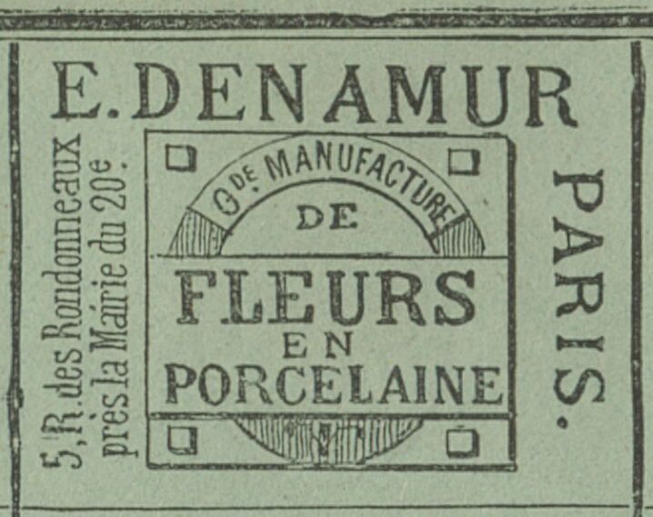 Etienne Denamur's advertising label from 1884 in the green pages of the French Annual Almanac of Commerce for his business in making porcelain flowers.