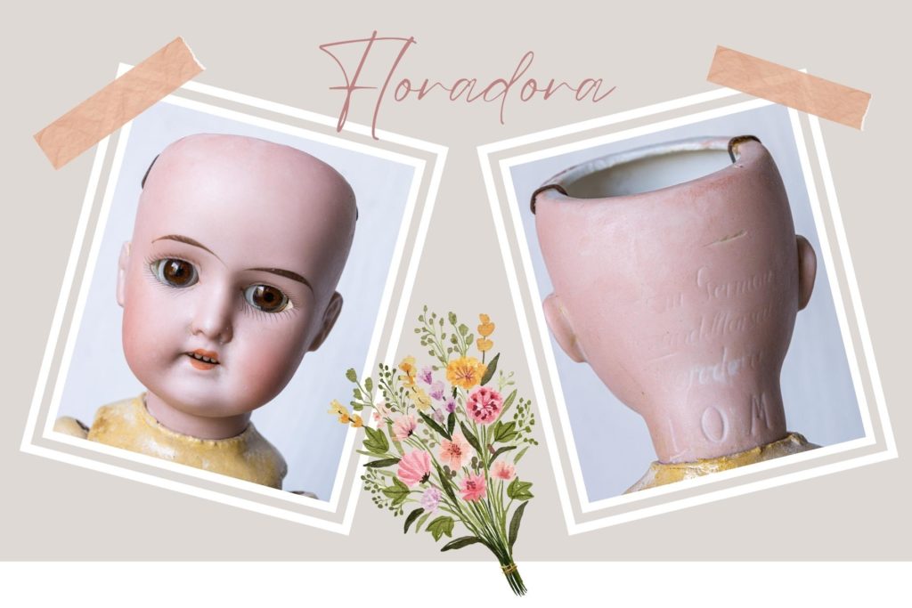 a socket bisque head doll with the incised mark Armand Marseille Floradora on the back.