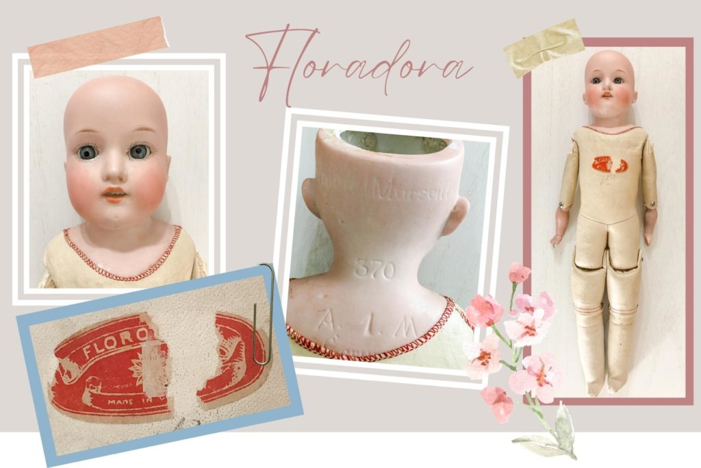 Armand Marseille Floradora kid leather doll with red paper label on the torso.