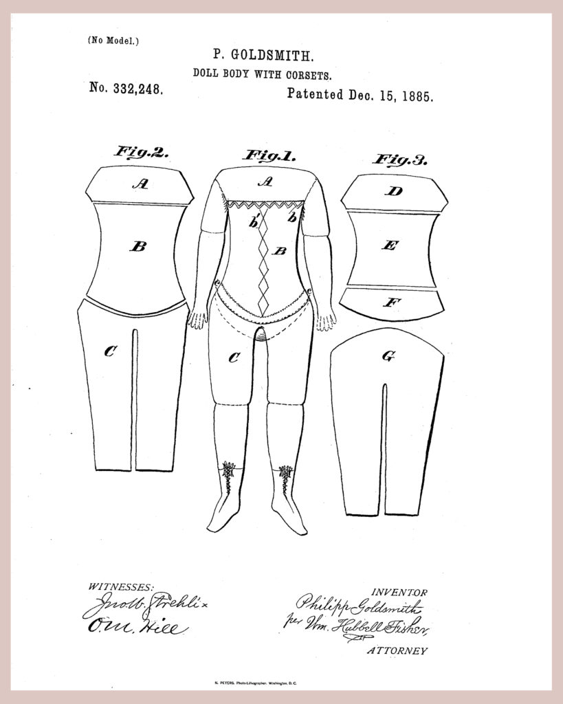 Drawing of the Phillip Goldsmith Doll Body patented design from 1885