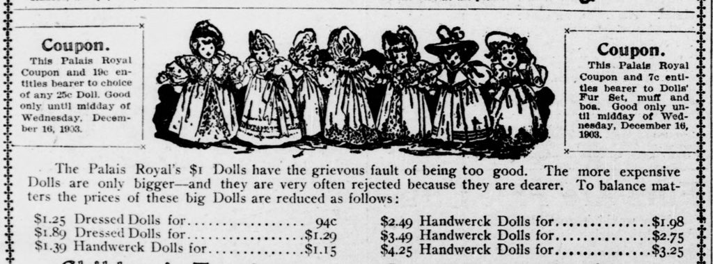 Palais Royale department store ad for Handwerck dolls in the Evening Star newspaper. December 15, 1903, p. 7. Photo credit: Library of Congress 