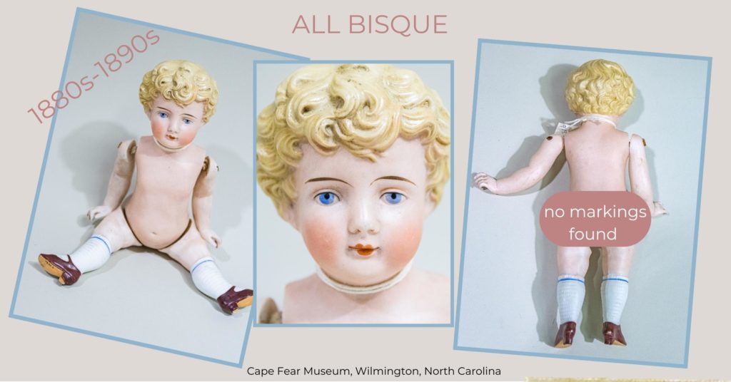 All bisque jointed boy doll with blonde molde curly hair, painted socks, and brown heeled shoes. - with no markings.