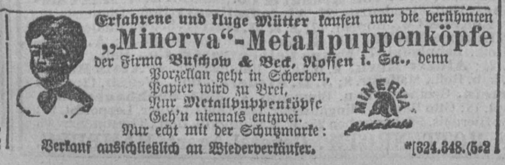 1902 German newspaper ad for the Minerva metal doll head with an image of the doll head and an image of the helmet trademark by Buschow and Beck of Stoffen