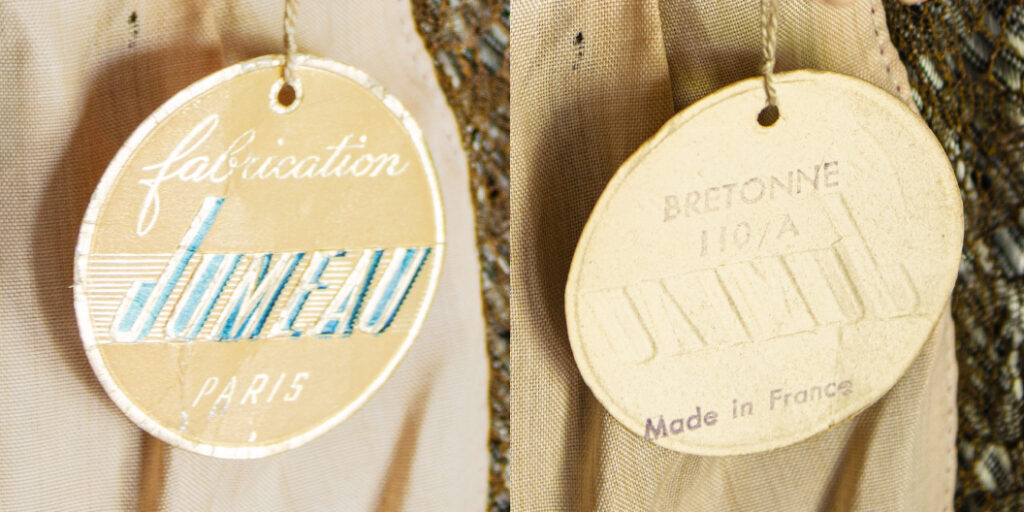 an SFBJ round paper hang tag that reads "fabrication JUMEAU Paris / Made in France" used in the 20th century 