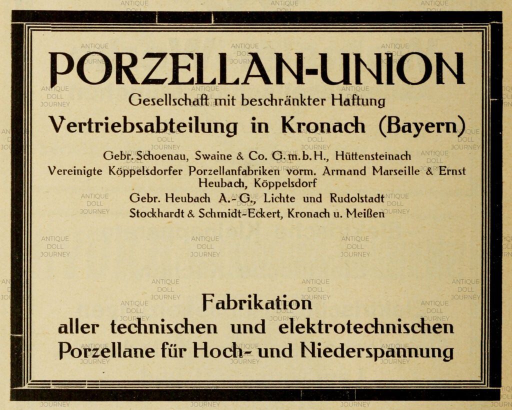 1922 ad from Jahrbuch der Elektrotechnik showing the porcelain factory merger of Ernst Heubach and Armand Marseille