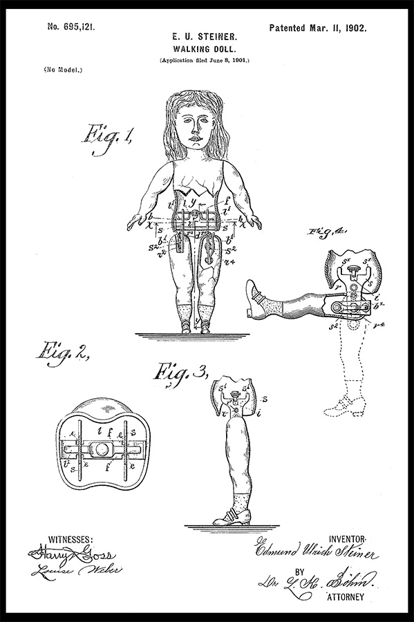 US patent registered in 1902 by Edmund Ulrich Steiner for a walking doll