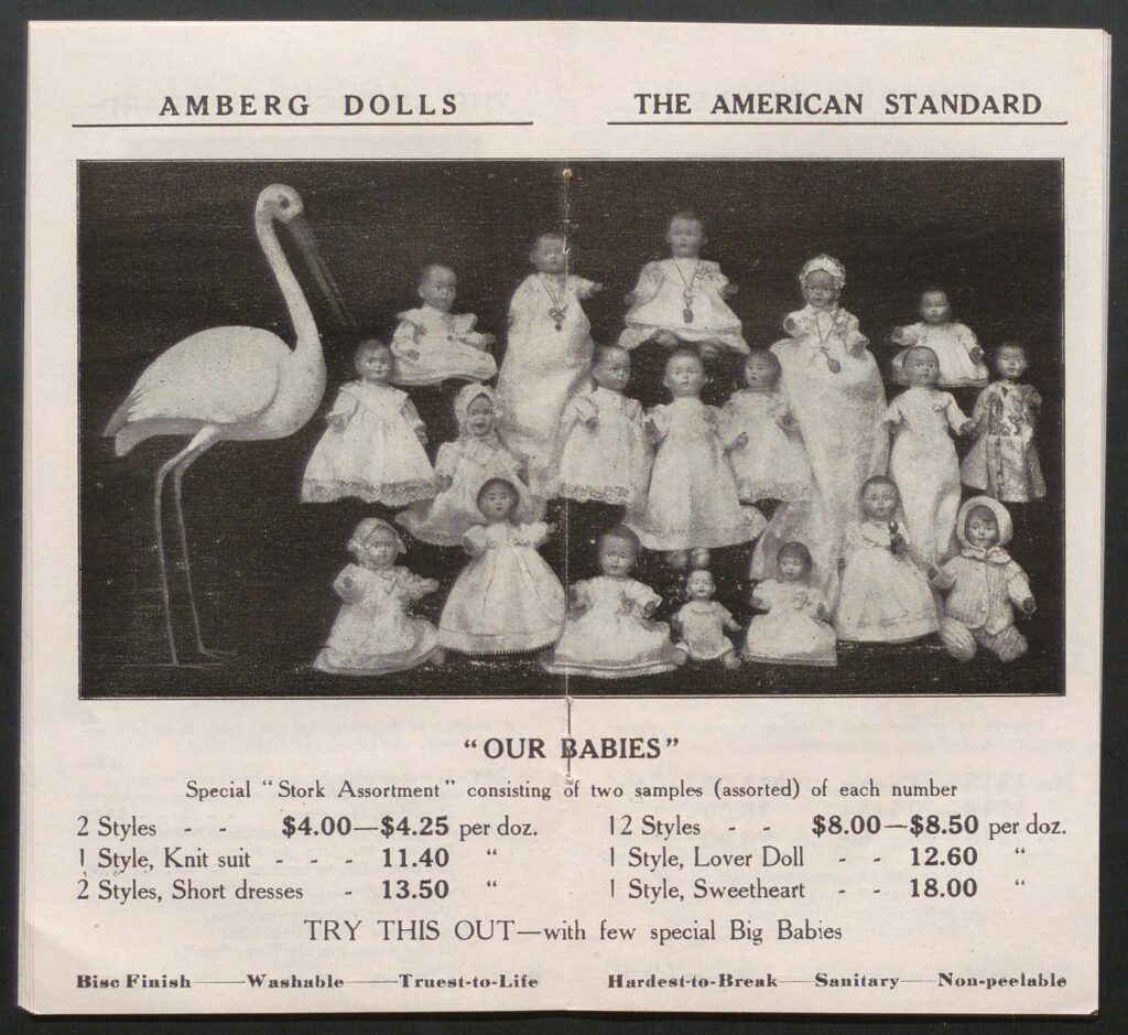 Louis Amberg Doll page for "Our Babies" in a catalog called, "THE RHYME AND REASON OF IT FROM FIRST TO LAST AMBERG DOLLS THE AMERICAN STANDARD 550 BROADWAY, NEW YORK" from the year 1910 gifted to the Hagley Museum and Library in Wilmington, Delaware.