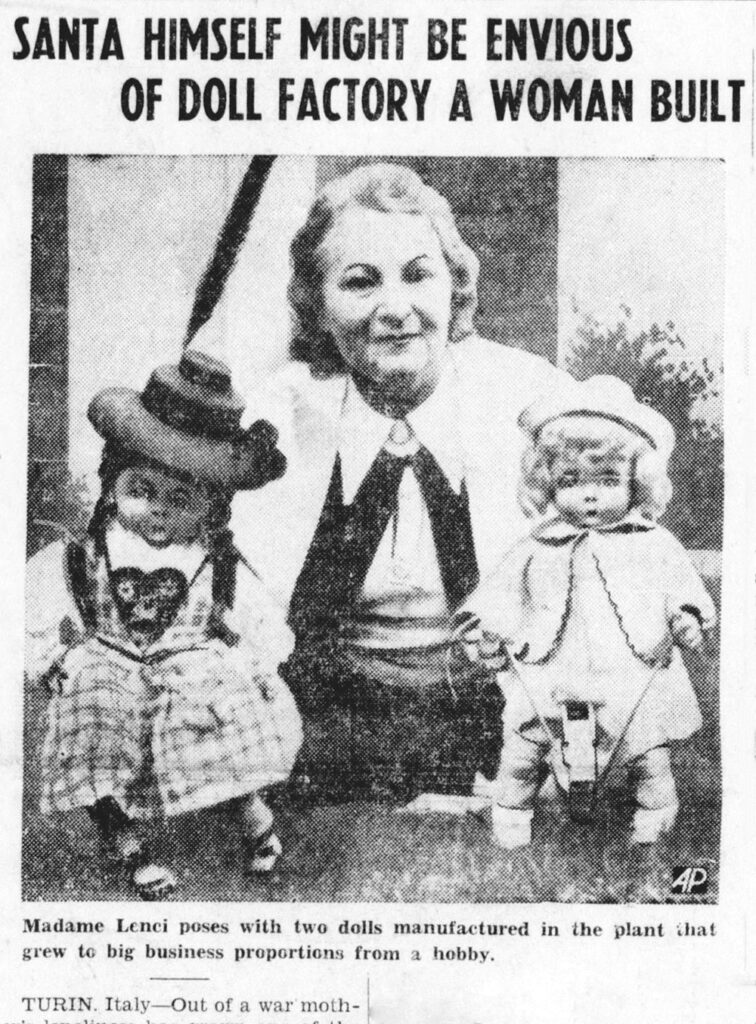 Elena di Scavini holds two of her Lenci dolls in the 1938 newspaper article photo