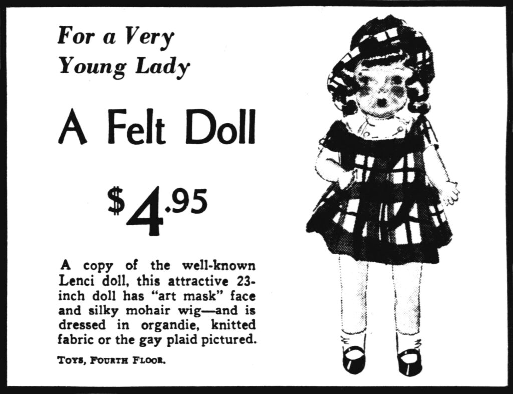 A Lenci Doll ad from 1934 that appeared in the Evening Star newspaper for Washington DC.