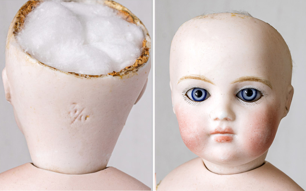 the face and marking of the early Bru Bebe Brevete patented in 1879 showing only a size number on the head