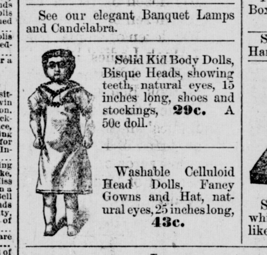 1891 advertisement for washable celluloid head dolls