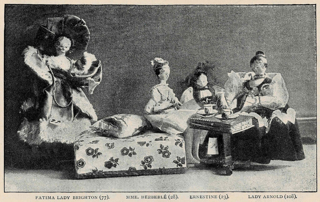 photo from page 223 of Strand Magazine 1892 issue for July-December of four of Queen Victoria's Dolls labeled as Fatima Lady Brighton, MME Herberle, Ernestine, and Lady Arnold.
