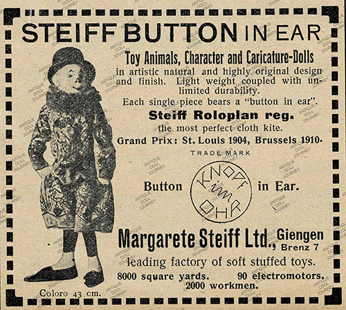 1911 Ad for Margarete Steiff Ltd from the Buyer's Guide through Germany and Bohemia showing a clown doll and the Button in Ear