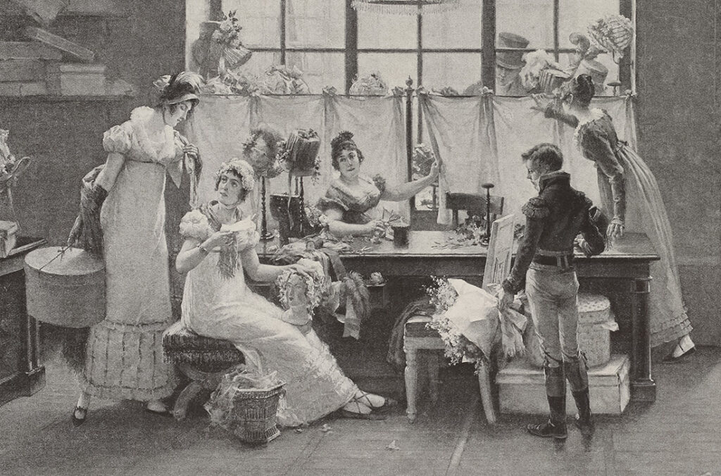 a French milliner shop - sketch created in 1898.  No milliners doll can be seen but one holds a mannequin head