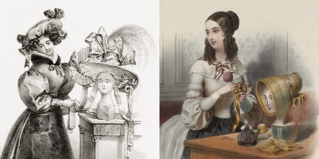 Two 19th century illustrations of milliner mannequins, a doll pincushion sits on one table but no milliners doll