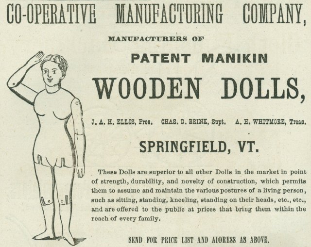 Ad found in the 1874 Vermont Business Directory for the Co-Operative Manufacturing Company for Joel Elis's patent manikin wooden dolls of Springfield, VT.