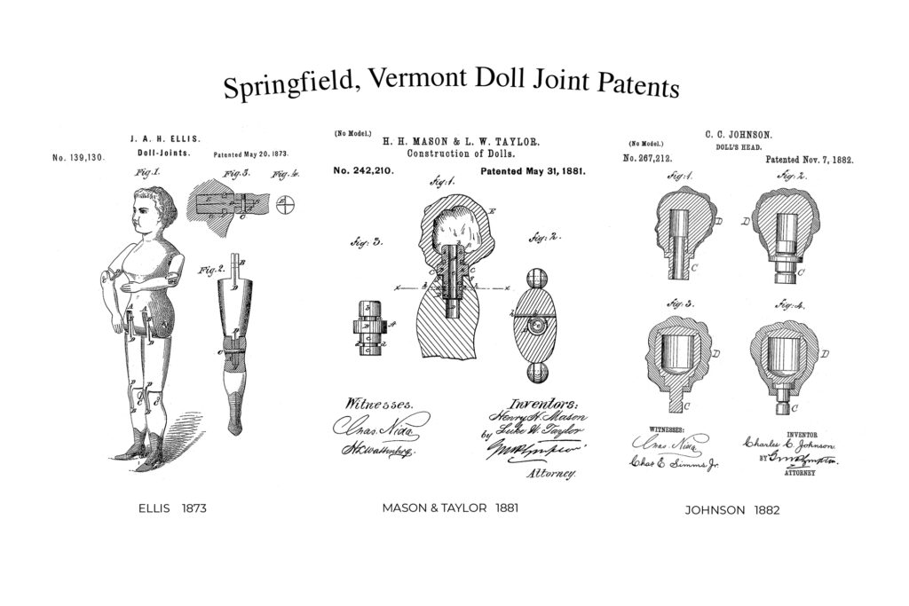 US Patent drawings of the dolls designed by Joel Ellis, Mason & Taylor, and Charles Johnson in 1873, 1881, and 1882