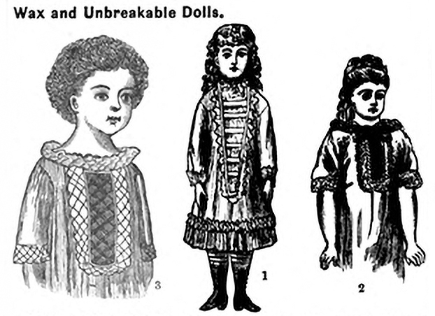 Dolls offered in 1880 in Youth's Companion magazine that the magazine advertised as from Paris. the one in the center is a wax doll and the other two they claim had unbreakable heads.