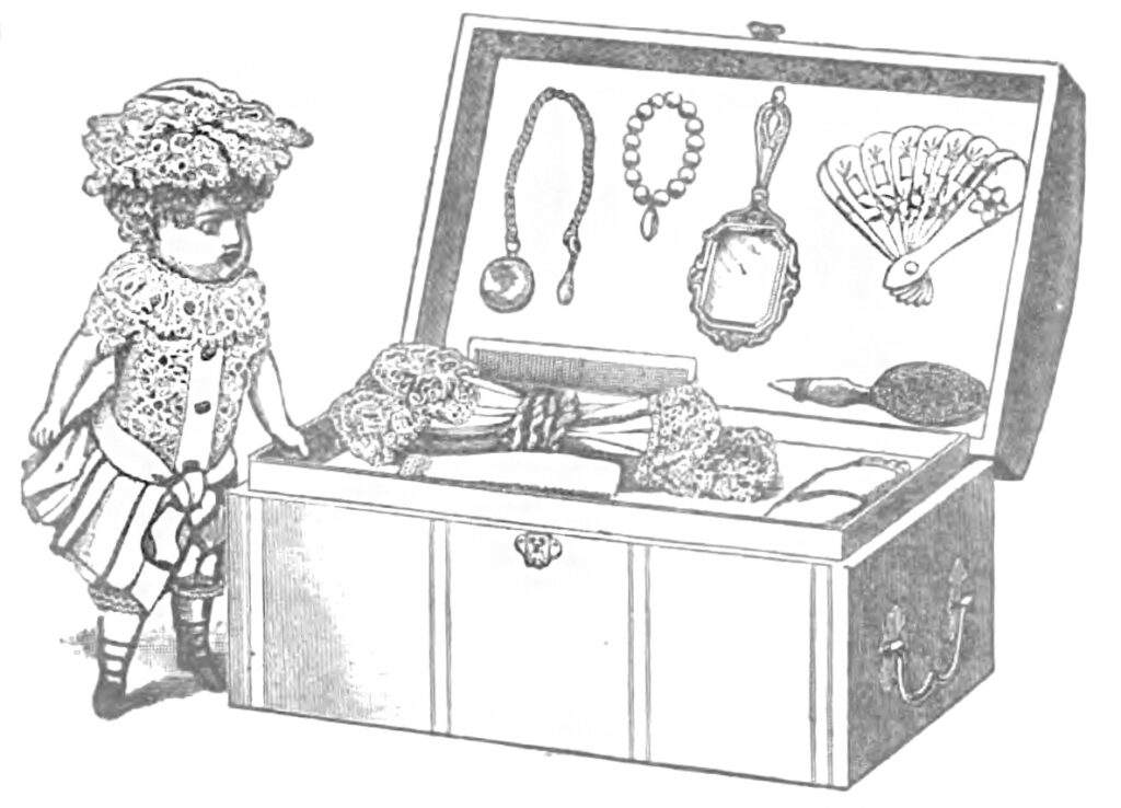 ad from 1891 Youth's Companion magazine of Dolly Dimple the all bisque doll and her trunk of treasures.