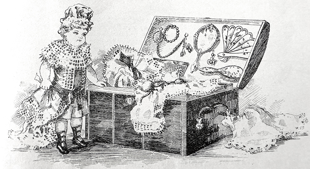 All bisque doll named Dolly Dimple presented to readers of the Youth's Companion magazine in the last October issue of 1893 along with her trunk.