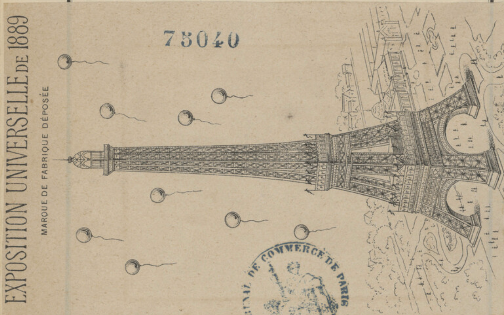 1888 registered French trademark of the Eiffel Tower with balloons for the 1889 Exposition Univeselle