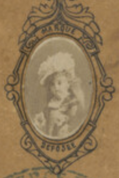 1883 Trademark for Casimir Bru Jne Doll factory - stamped 49212 - cameo illustration with real black and white photo of dressed Bebe Brevete wearing a fancy hat