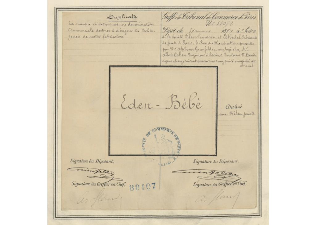 1890 registered French patent for Eden Bebe by Fleischmann & Bloedel