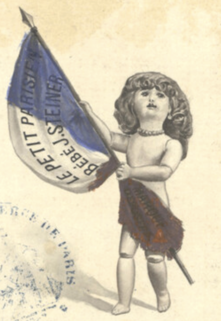 1889 registered French trademark of jointed doll carrying a French flag for Jules Nicolas Steiner that reads "Le Petit Parisienne Bebe J. Steiner."