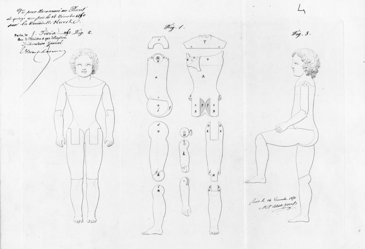 1850 French patent for Adelaide Aimee Calixte Huret for an articulated molded jointed doll