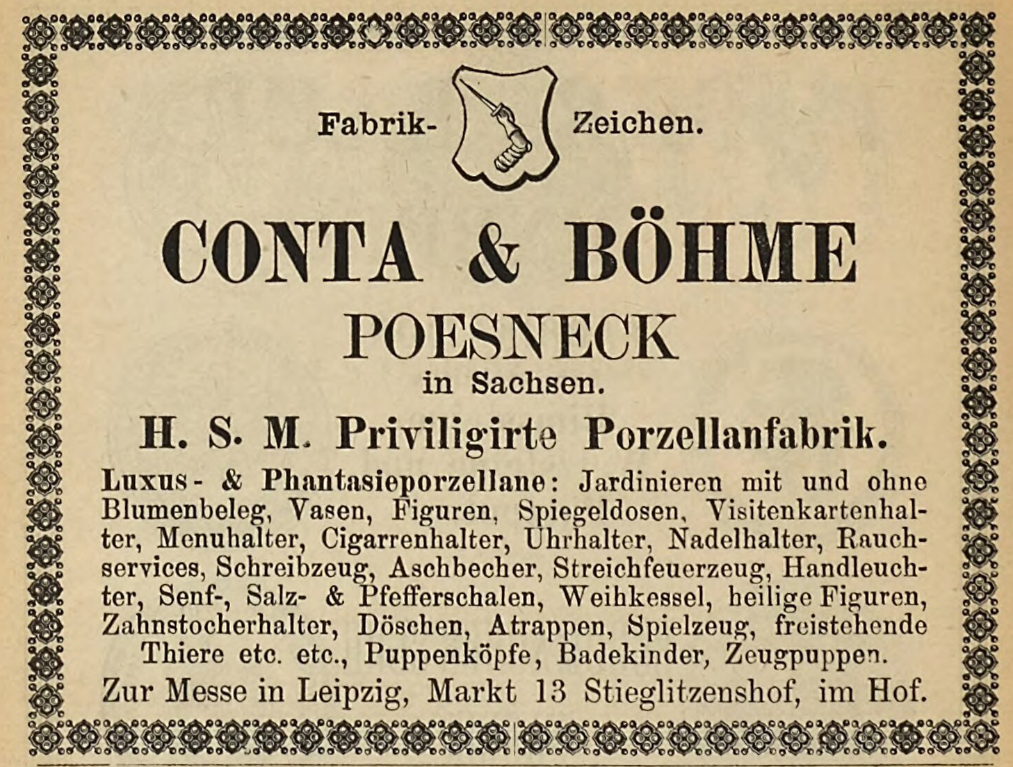 Conta & Bohme, Conta and Boehme, ad from 1883 found in Leuchs' Adressbuch der Export-Geschäfte vom Deutschen Reich, Oesterreich-Ungarn und der Schweiz. urn:nbn:de:bvb:12-bsb11654063-5 at the website: https://www.digitale-sammlungen.de/en/view/bsb11654063?page=74